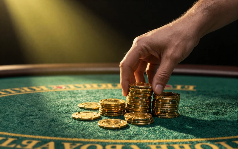 Goldene Casino-Chips auf einem gr&uuml;nen Tisch mit Fu&szlig;ballmuster beim Golisimo Willkommensbonus