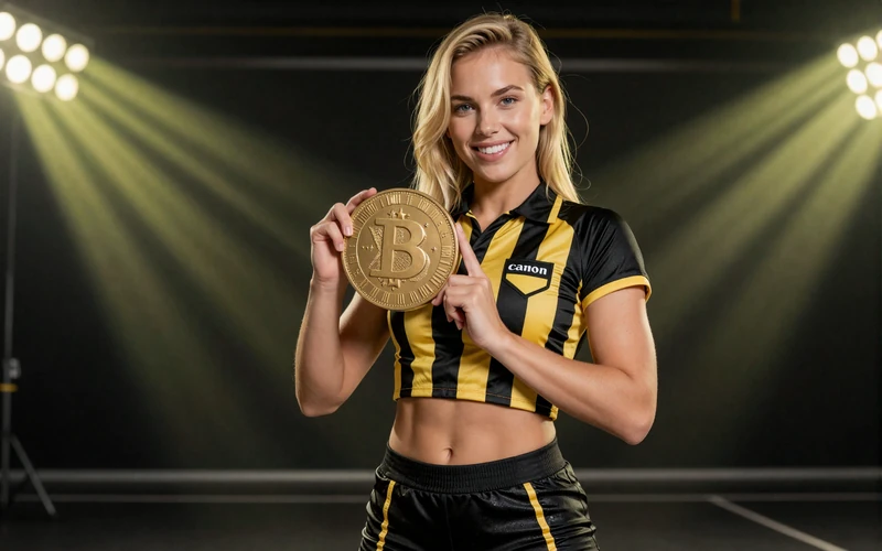 Golisimo Casino Modell mit goldener M&uuml;nze im Schiedsrichter-Outfit beim Willkommensbonus