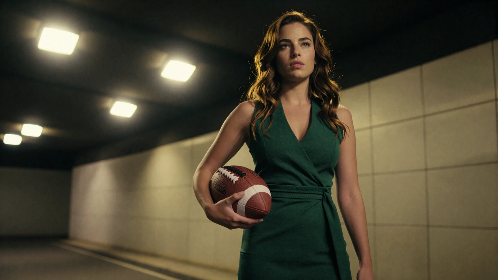 Golisimo Casino Modell im dunkelgr&uuml;nen Kleid mit Fu&szlig;ball im Stadiontunnel beim Willkommensbonus