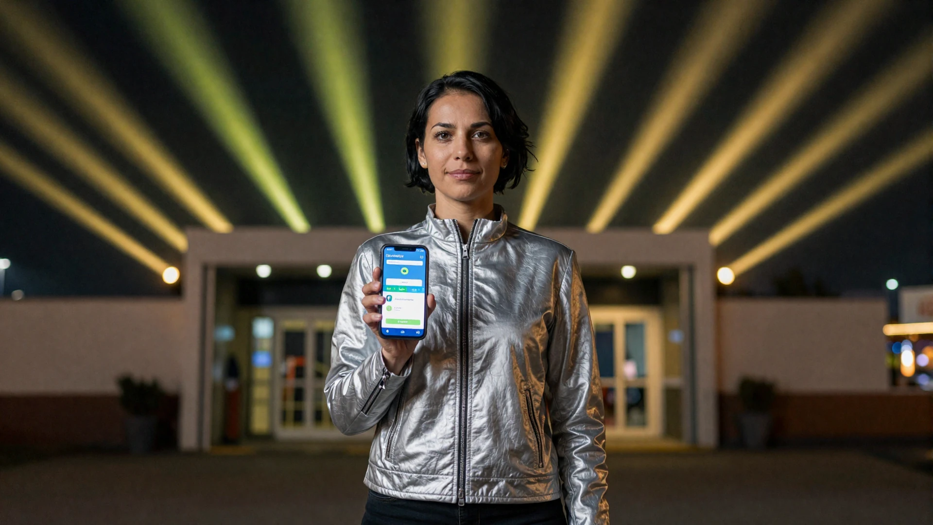 Golisimo Casino Modell mit Smartphone vor Stadioneingang unter Flutlichtern bei Zahlungsmethoden