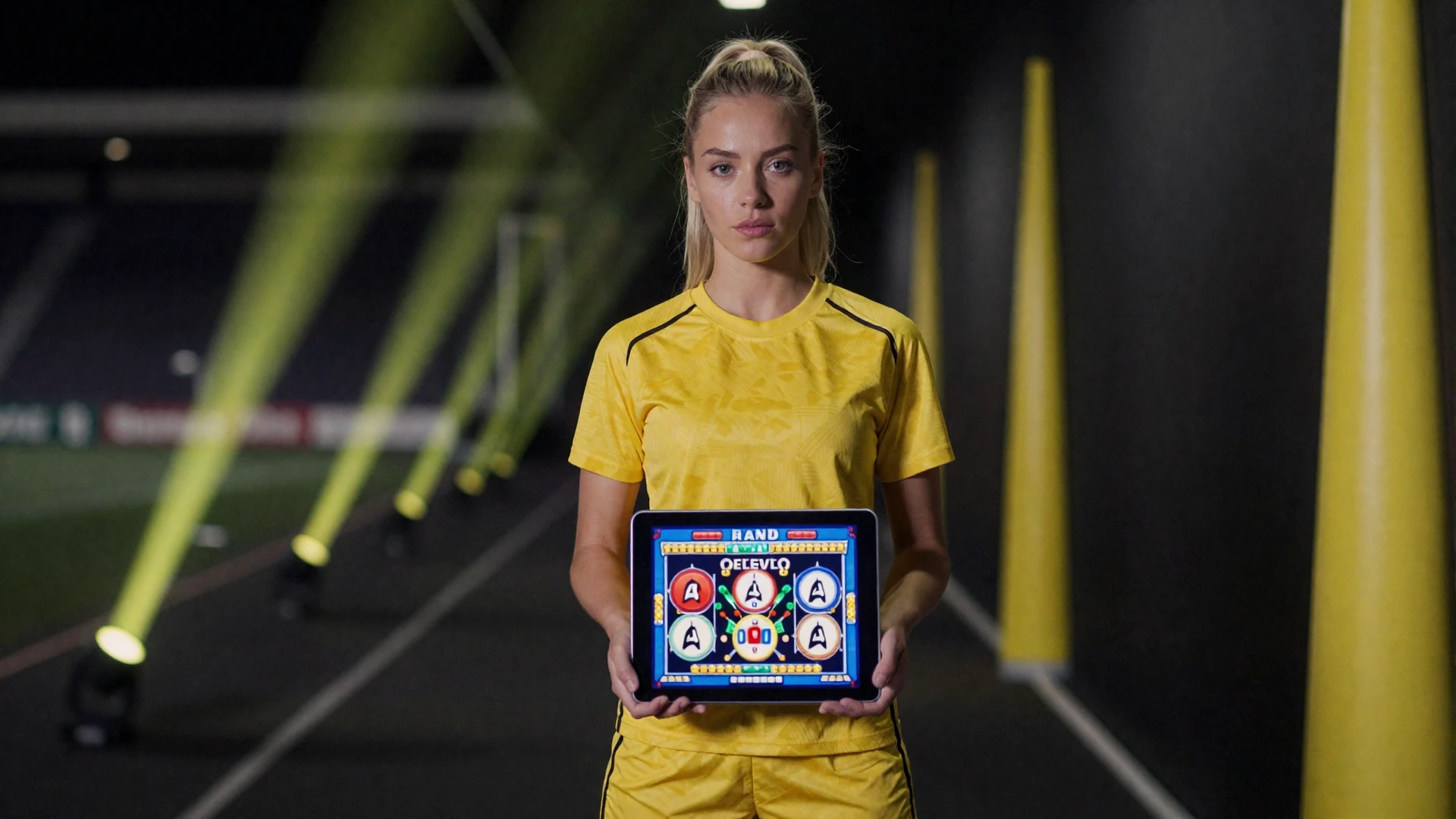Golisimo Casino Modell mit Tablet und Spielautomaten im Stadionkorridor unter Flutlichtern