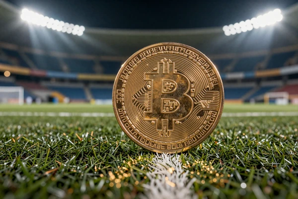Goldene Bitcoin-M&uuml;nze auf Fu&szlig;ballrasen unter Stadionflutlichtern beim Golisimo Krypto-Bonus