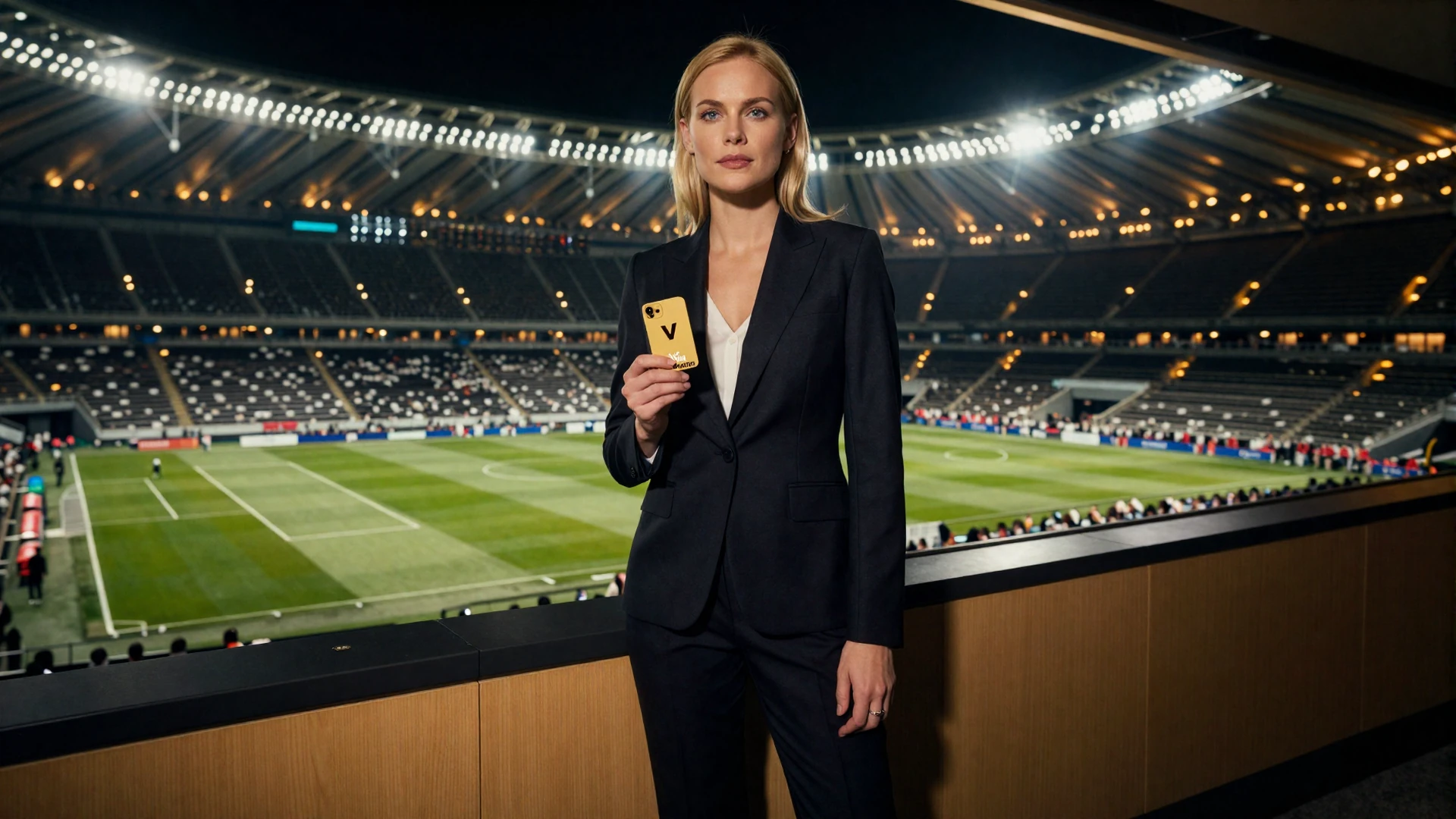 Golisimo Casino VIP-Modell mit goldener VIP-Karte in einer Stadion-Loge unter Flutlichtern